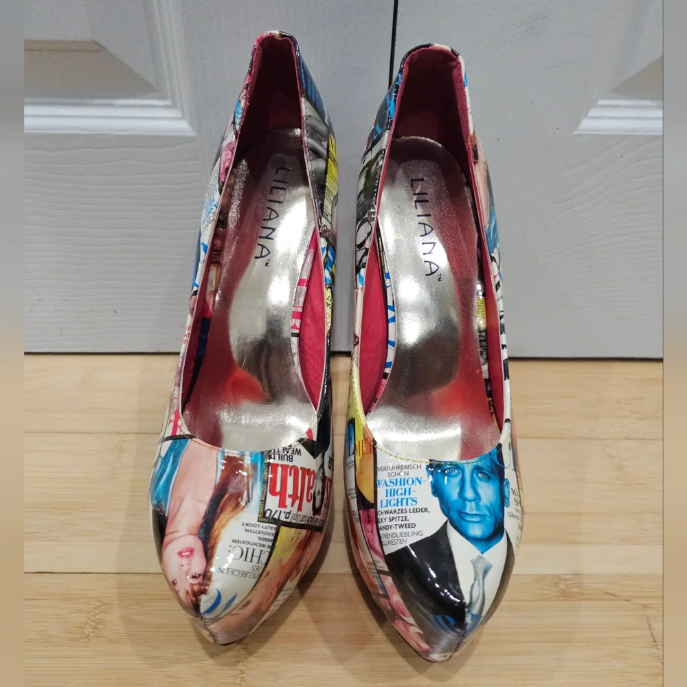 Unique Liliana Magazine Vogue Multi Color Print Platform High Heels Pumps Shoe 9 - Picture 6 of 11